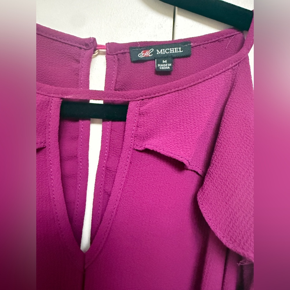 Michel Deep Fuchsia Ruffle Cold-Shoulder Tie-Front Blouse Size M - Picture 4 of 6